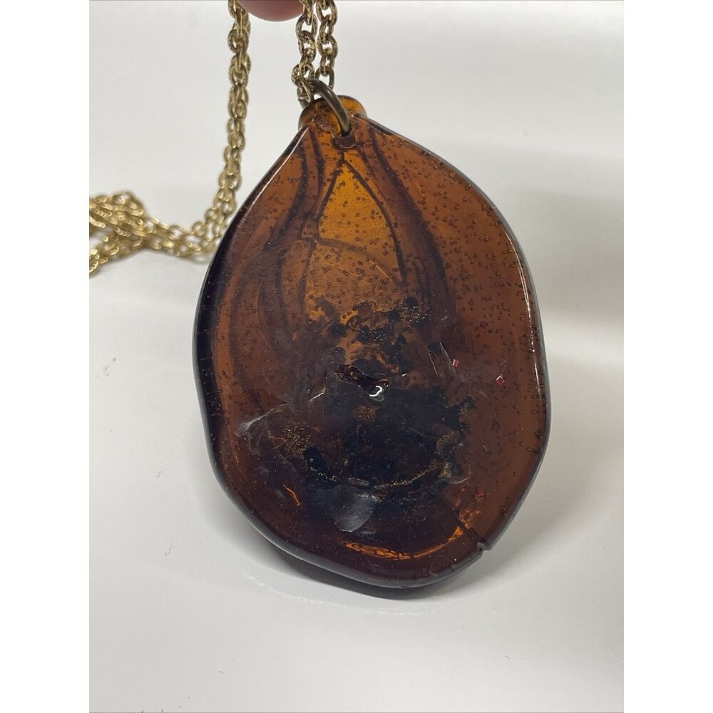 Unique Faux Amber Plastic Pendant Necklace w/ beads embedded 24” Gold Tone Chain - Picture 6 of 9